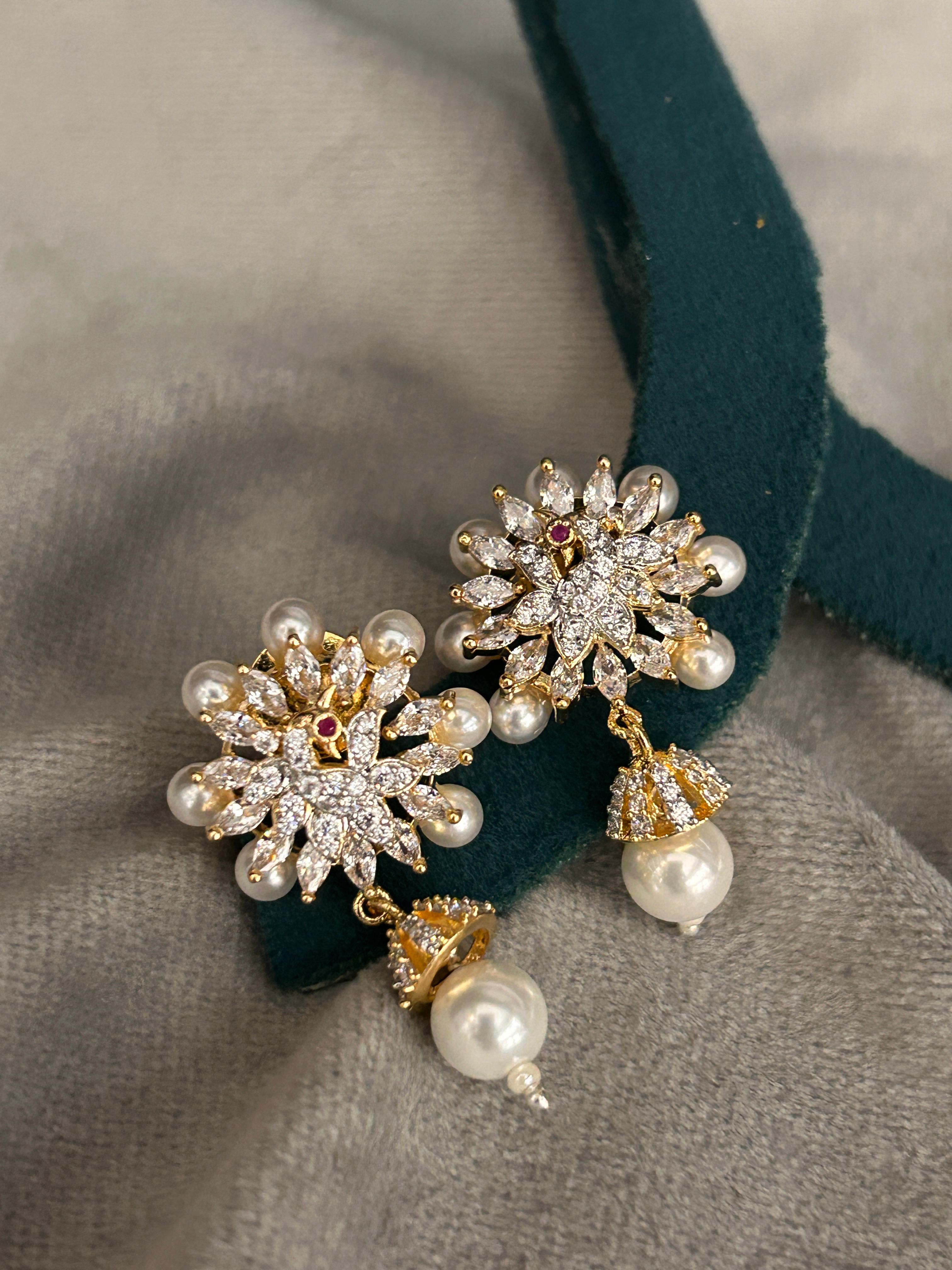 Designer Pearl Drop Earrings with CZ Diamond Finish
